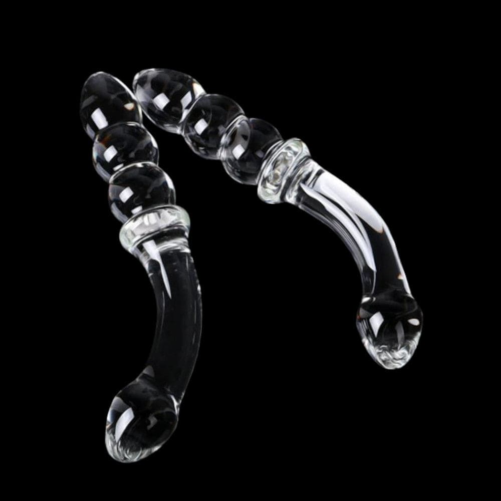 J-Contoured Beaded See-Through Glass Dildo BDSM