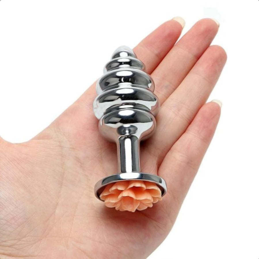 Shiny Ribbed Flower Metal Butt Plug, gallery view 2