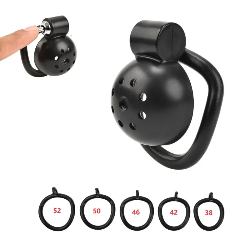 New Male Chastity Cage with 5 Size Penis Rings size guide, gallery view 1