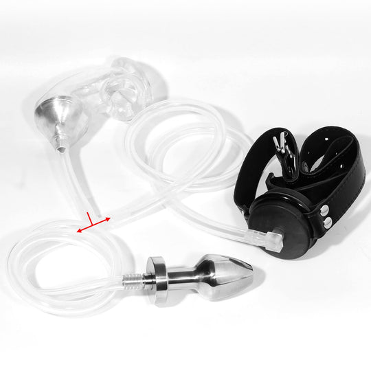Male Chastity CockCage With Piss Urinal Flow Into Mouth Plug Gag Catheters Penis Cage product view