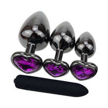 Charger l&#39;image dans la galerie, Kit de plug anal en métal Purple Heart avec vibrateur 4 pièces BDSM
