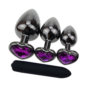 Purple Heart Metal Butt Plug Kit With Vibrator 4pcs BDSM