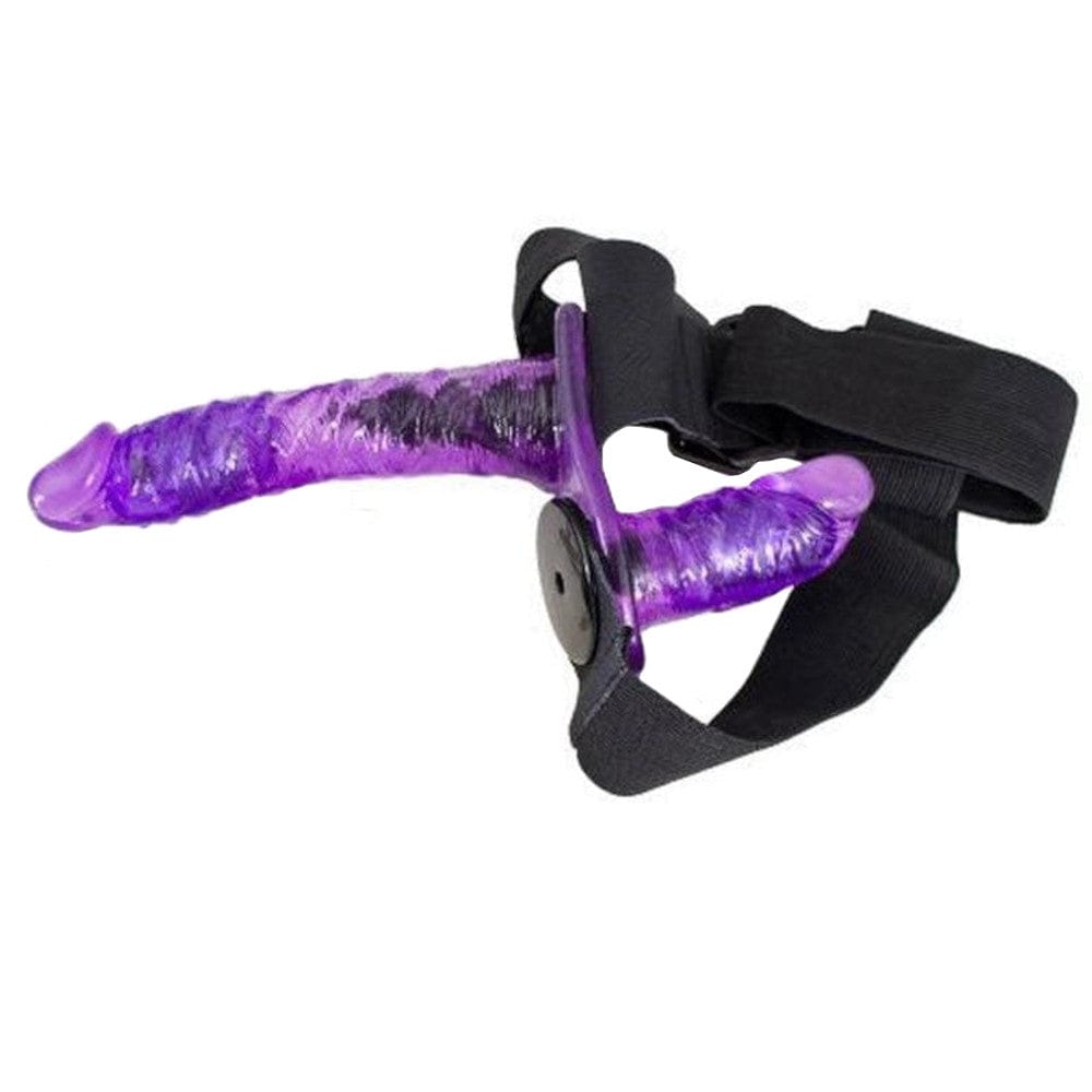 Transparenter, violetter, doppelseitiger Strap-on-Vibrator