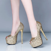 Load image into Gallery viewer, &quot;Sissy Stephanie&quot; Peep Toe Glitter Pumps
