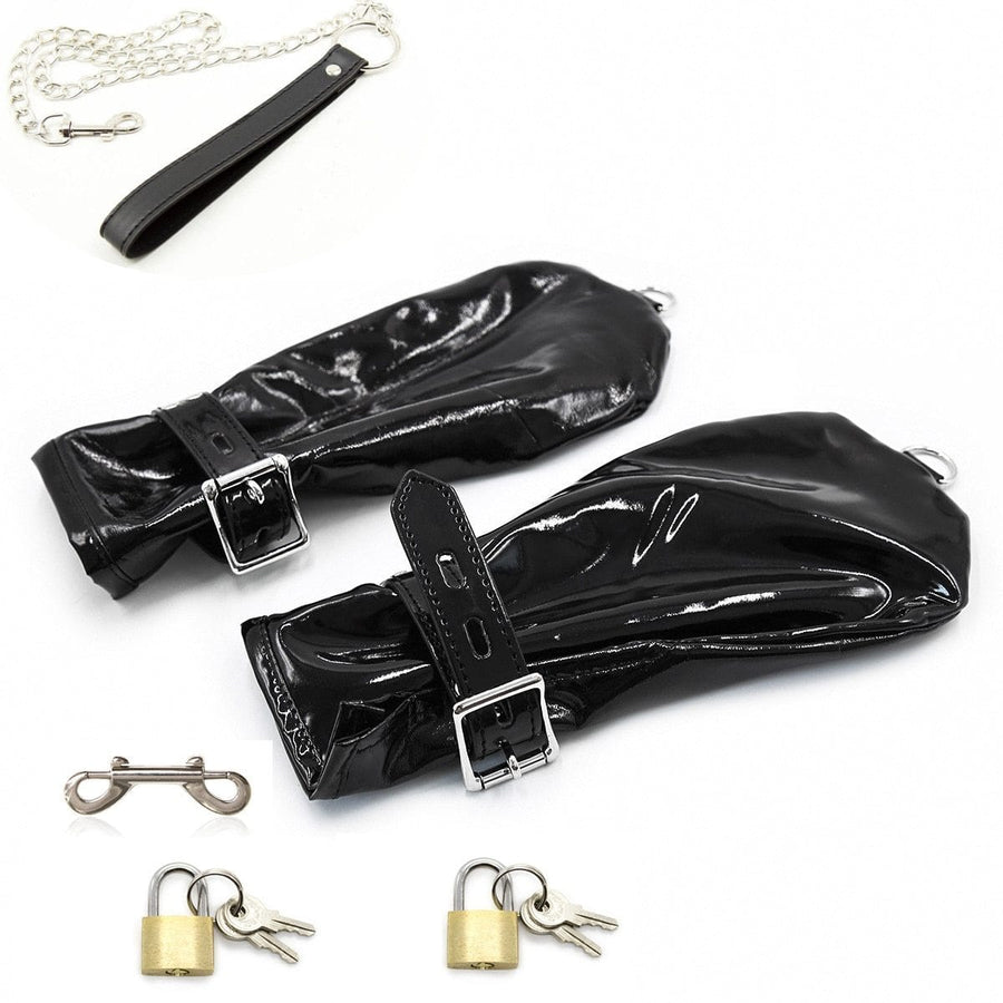 Black Glossy Hand Restraint Mitts BDSM product view