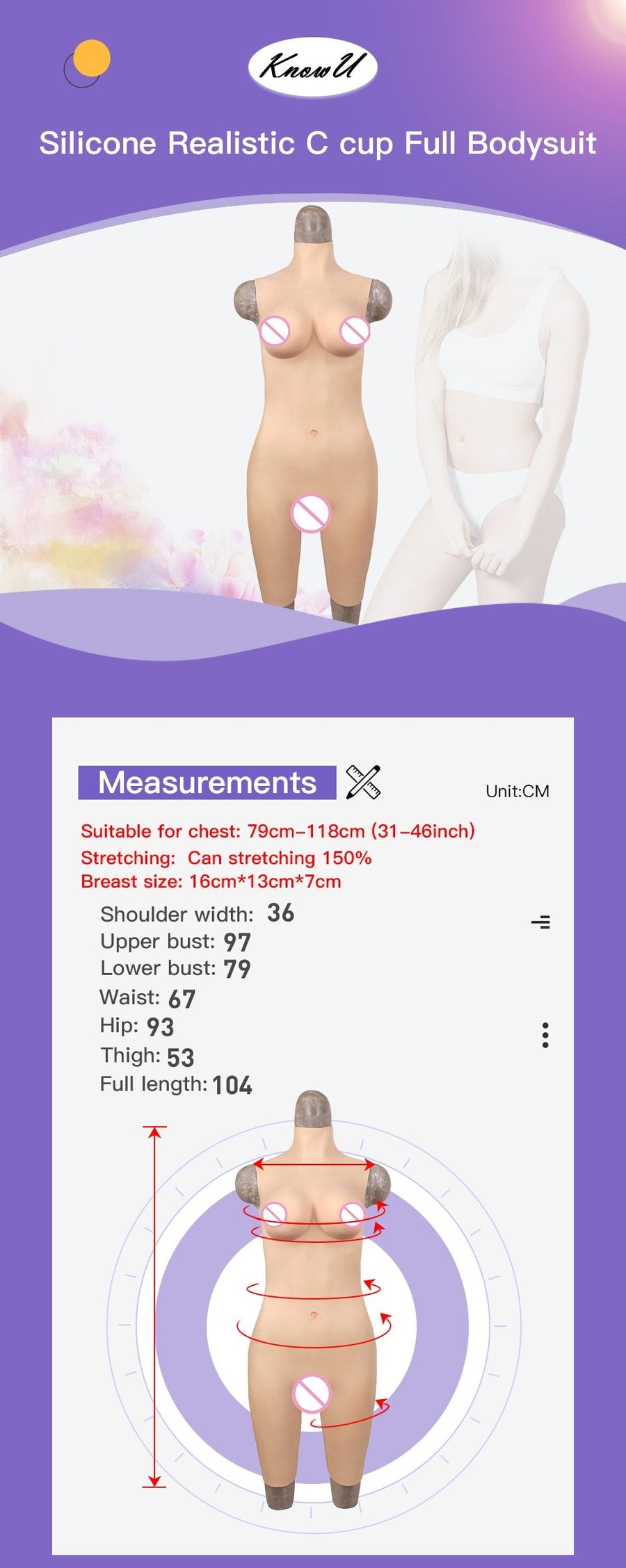 D Cup Elastic Breast Forms Full Bodysuit, gallery view 7