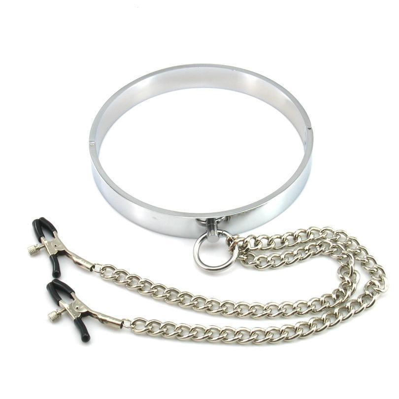 Sissy Slave Neck Collar w/ Nipple Clamps BDSM product view