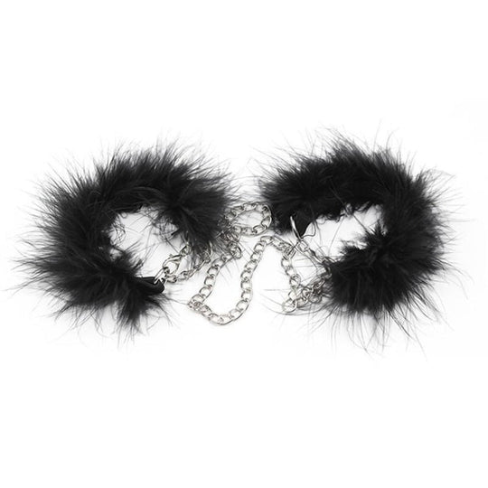 Feathery Black Fuzzy Handcuffs BDSM product view