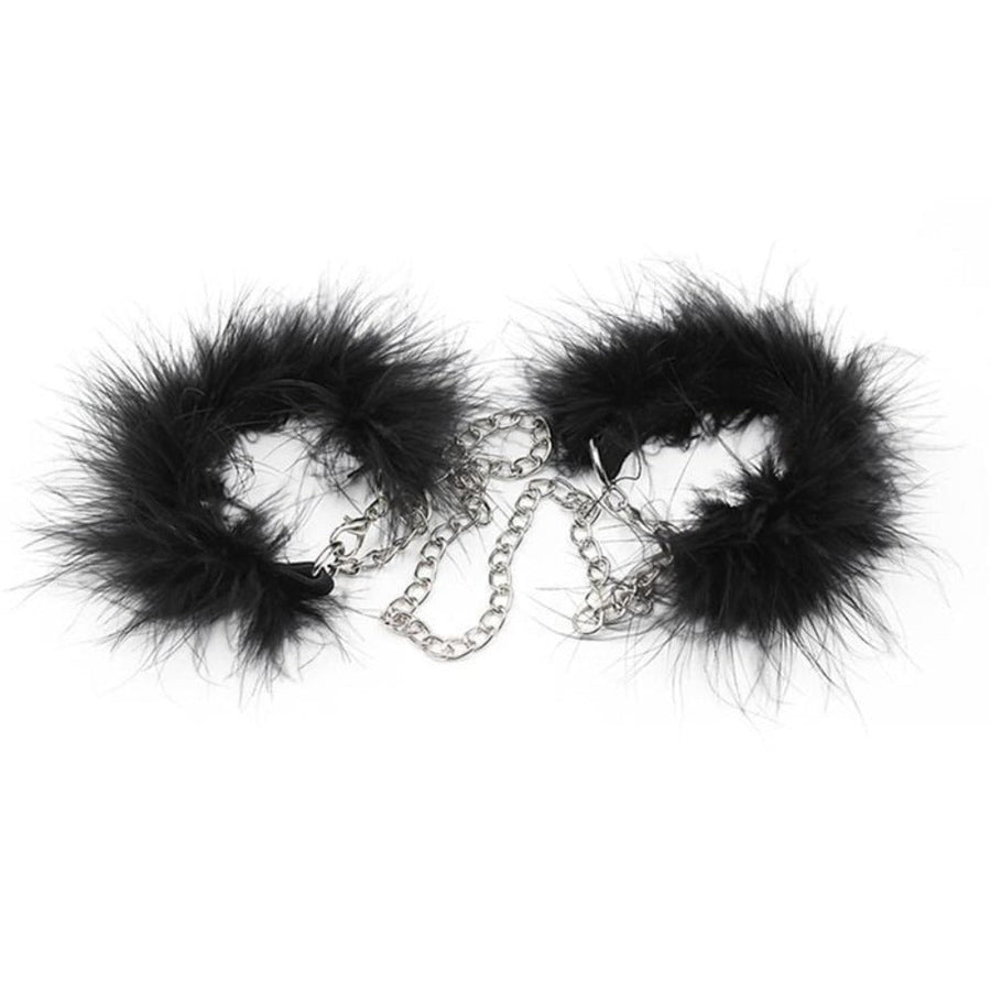 Feathery Black Fuzzy Handcuffs BDSM product view