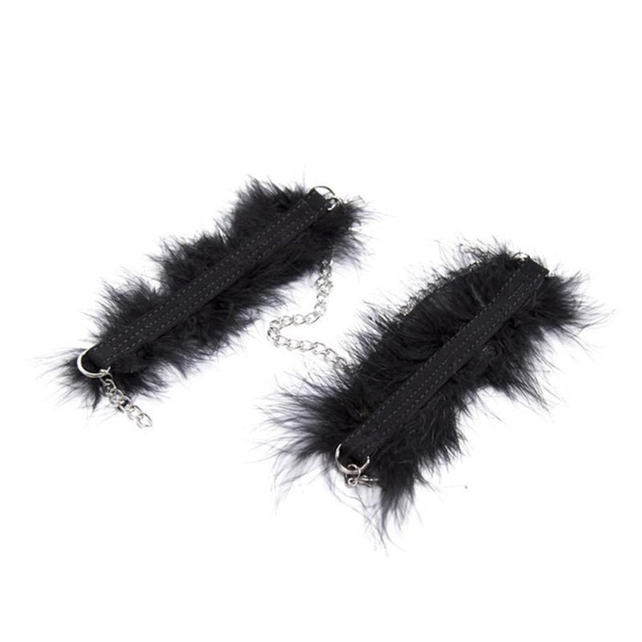Feathery Black Fuzzy Handcuffs BDSM, gallery view 4