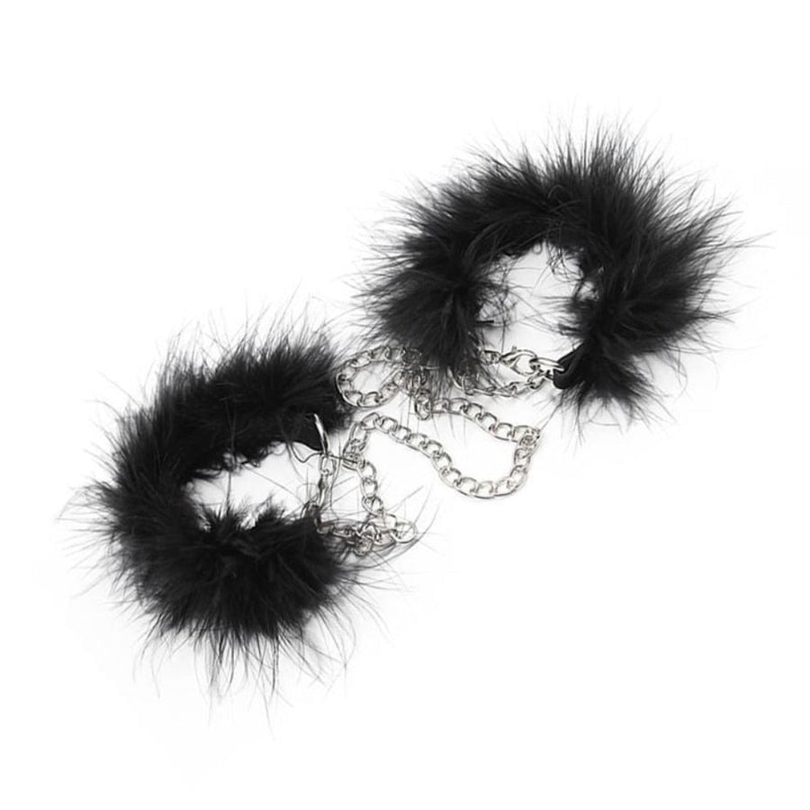 Feathery Black Fuzzy Handcuffs BDSM, gallery view 3