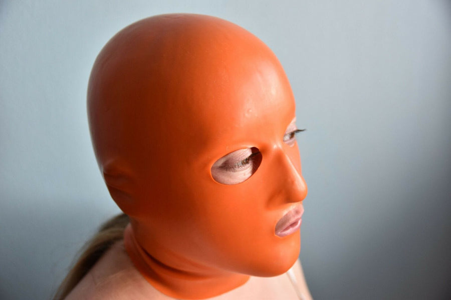 Shame Play Orange Rubber Hood BDSM product view