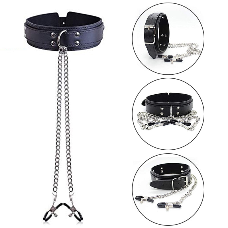 Slave Leather Collar Nipple Clamps BDSM product view