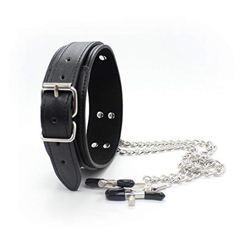 Slave Leather Collar Nipple Clamps BDSM, gallery view 3