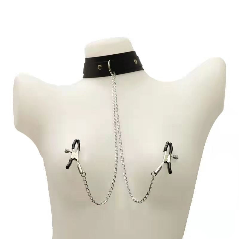 Slave Leather Collar Nipple Clamps BDSM, gallery view 6