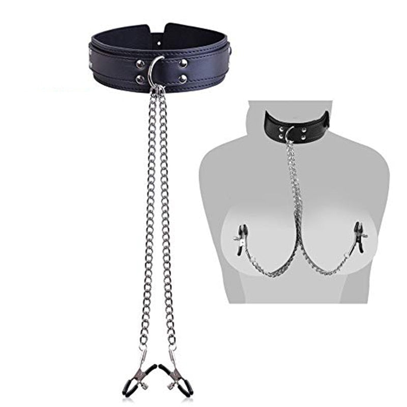 Slave Leather Collar Nipple Clamps BDSM, gallery view 2