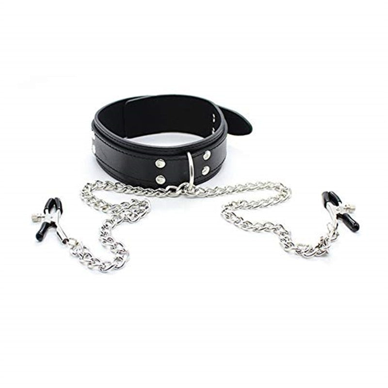 Slave Leather Collar Nipple Clamps BDSM, gallery view 8