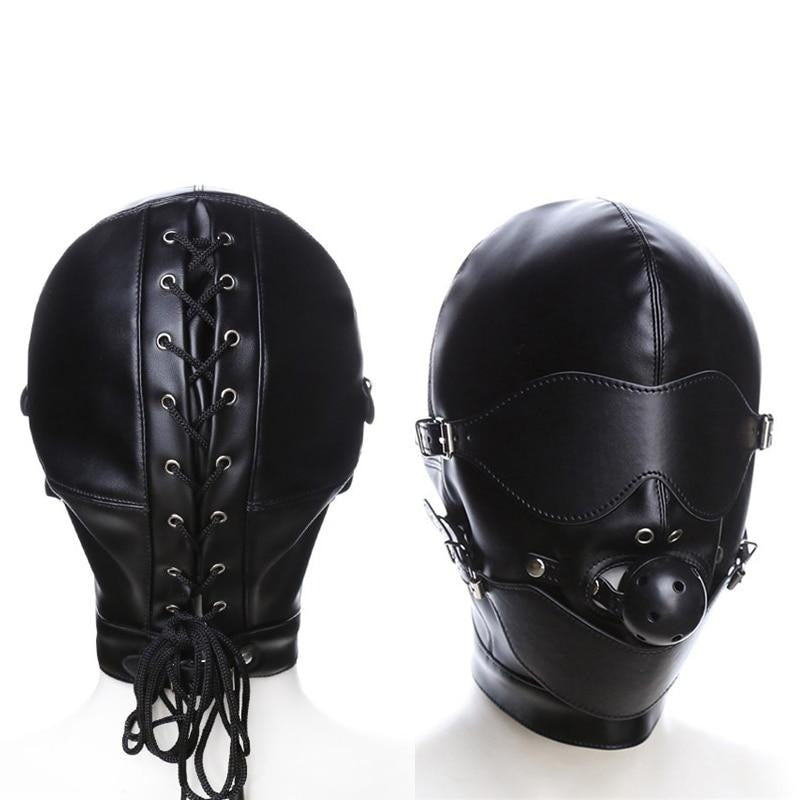 Black Bondage BDSM Mask Fetish Hood With Gag