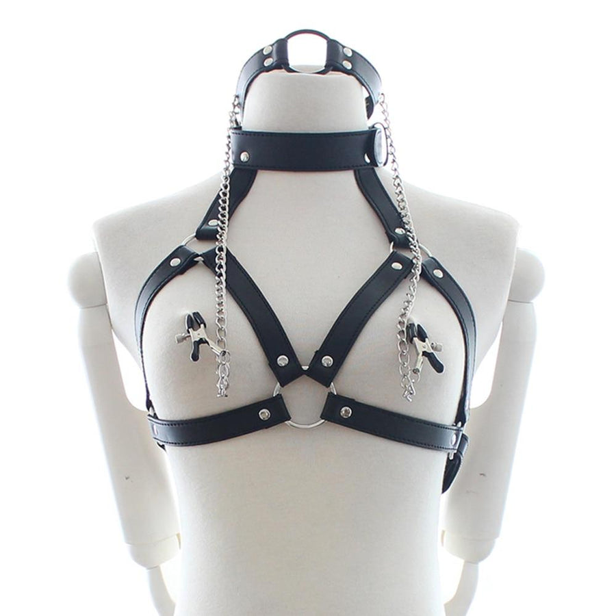 BDSM Leather Nipple Clamp Bra, gallery view 2