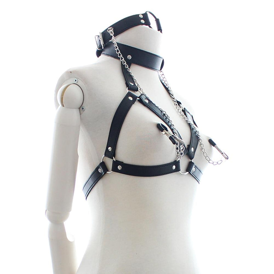 BDSM Leather Nipple Clamp Bra, gallery view 5