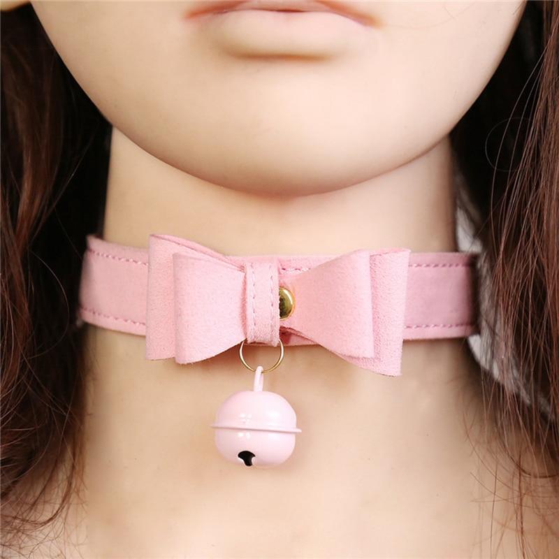 Pink Bow Leather Slave Collar BDSM, gallery view 3