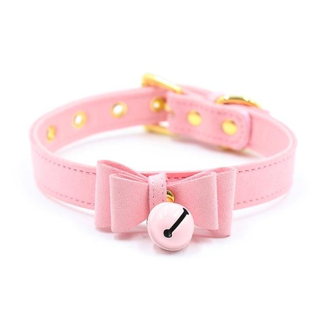 Pink Bow Leather Slave Collar BDSM product view