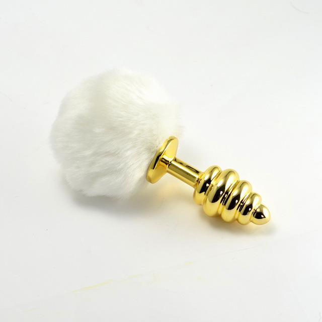 Ribbed Golden Bunny Tail Butt Plug 5.7 Inches Long BDSM product view