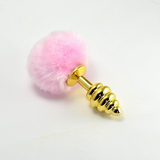 Gerippter goldener Hasenschwanz-Buttplug 5,7 Zoll lang BDSM