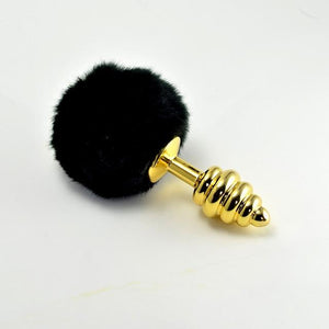 Gerippter goldener Hasenschwanz-Buttplug 5,7 Zoll lang BDSM