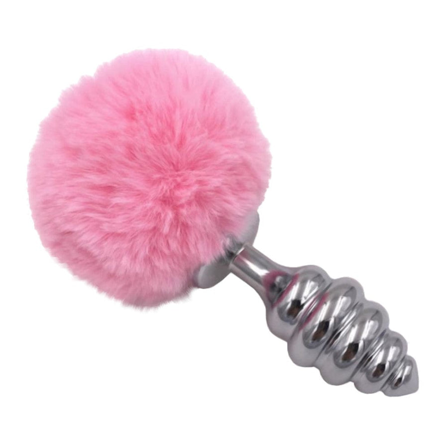 Pink Ribbed-Contoured Bunny Tail Butt Plug BDSM product view