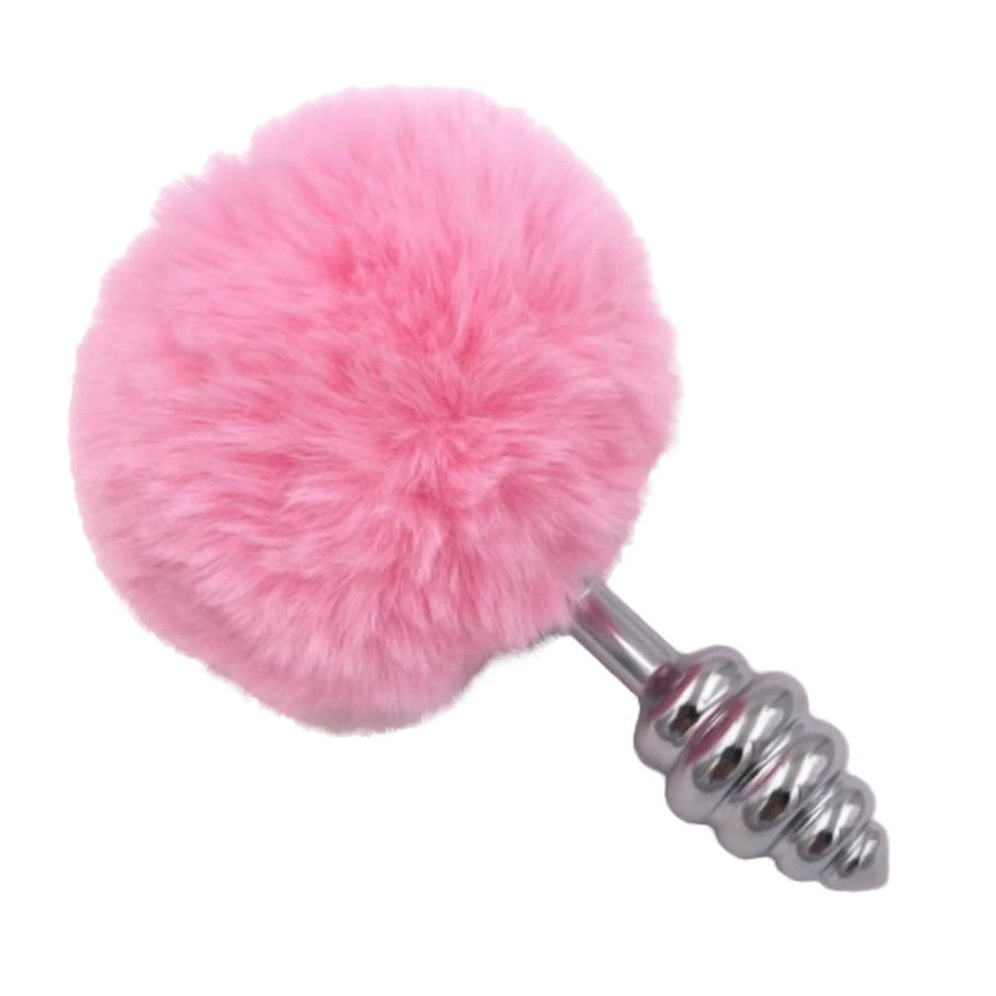 Pink Ribbed-Contoured Bunny Tail Butt Plug BDSM, gallery view 2