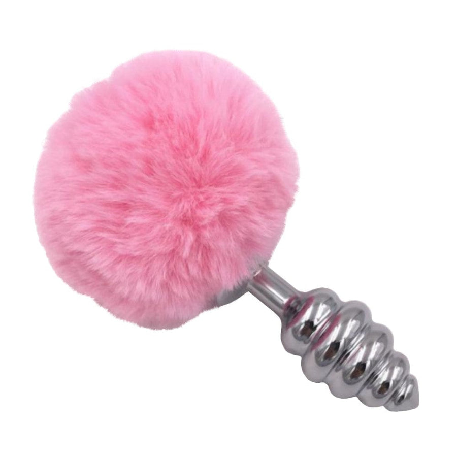 Pink Ribbed-Contoured Bunny Tail Butt Plug BDSM, gallery view 3