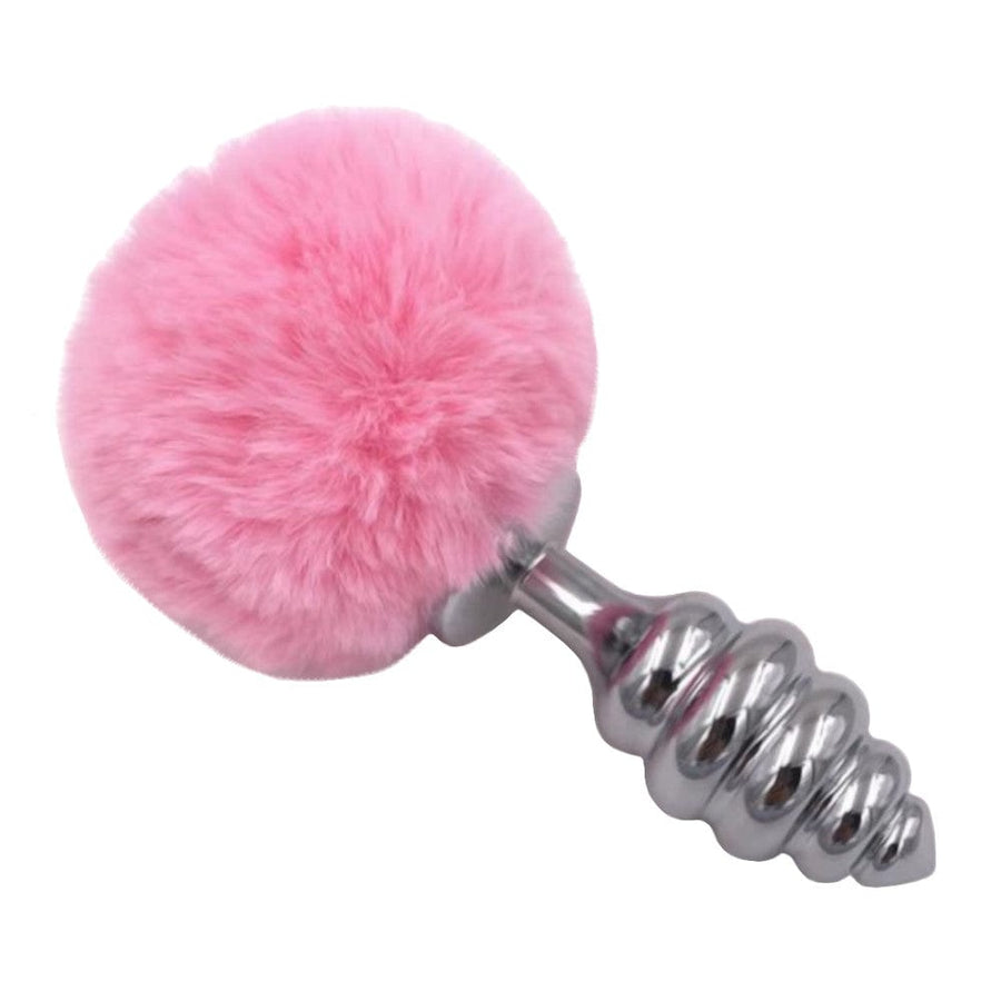 Pink Ribbed-Contoured Bunny Tail Butt Plug BDSM, gallery view 4