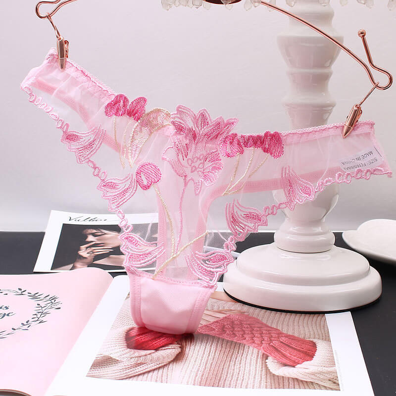 Transparent Mesh Embroidered Sexy Thong, gallery view 2